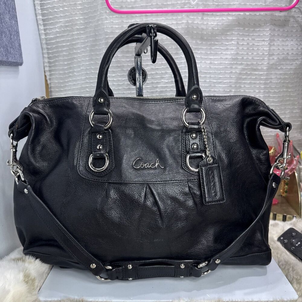 (E4)Coach Ashley Vintage Leather Satchel 2WAY Tote Bag Black Genuine Women’s
